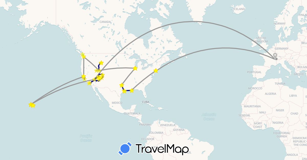 TravelMap itinerary: driving, bus, plane, train, hiking, boat in Switzerland, United States (Europe, North America)